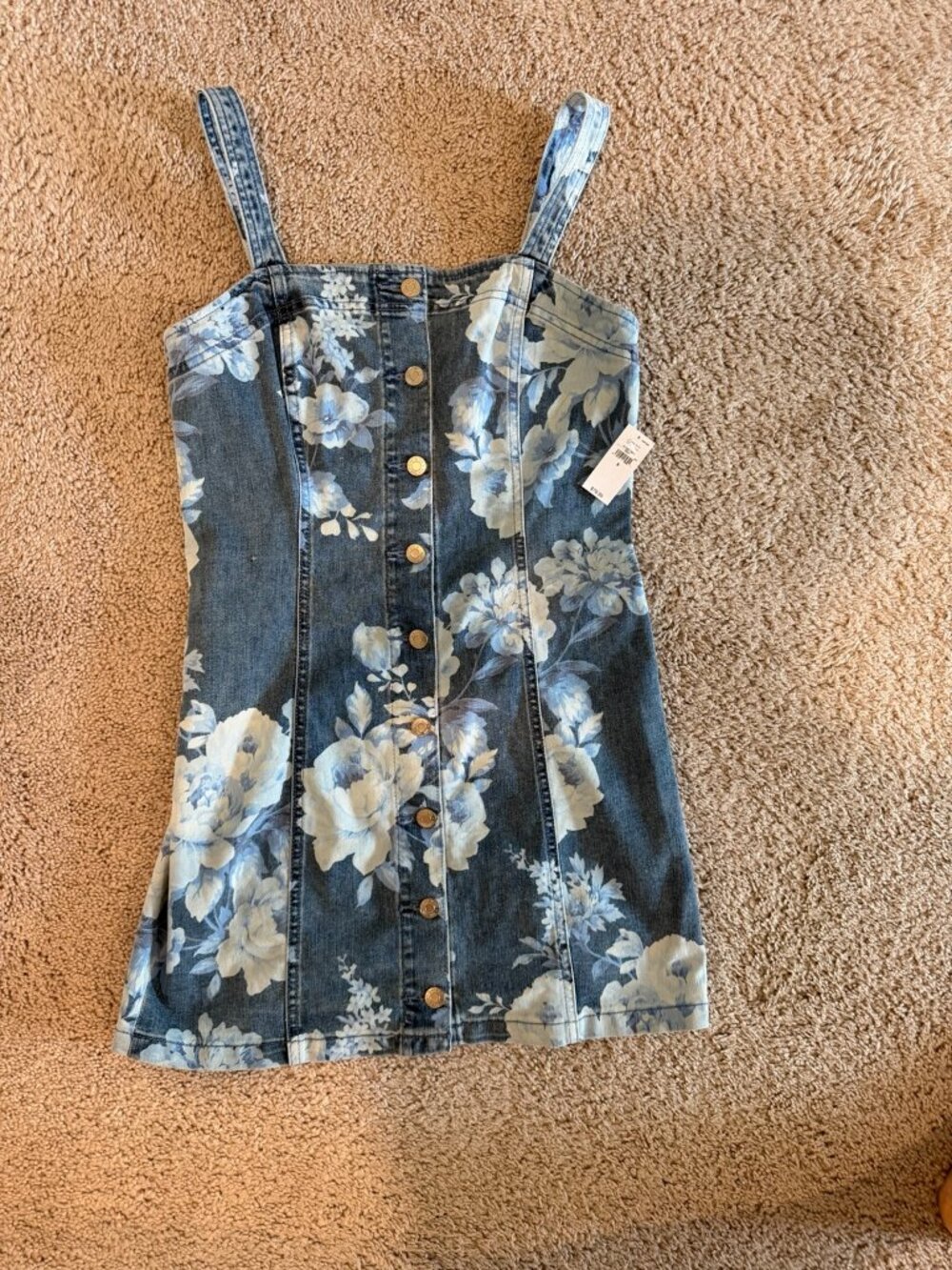 NWT Floral Denim Button Front Mini Dress Blue White Size S